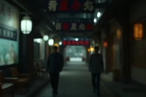 《鹤见桥残照》横版剧照，桥面栏杆与夕照